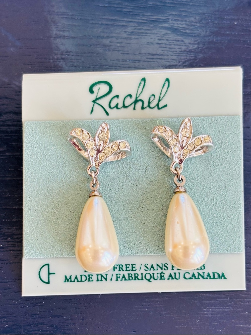 Rachel Cream Teardrop Pearl Dangle Earrings with Rhinestone Leaves-NWT